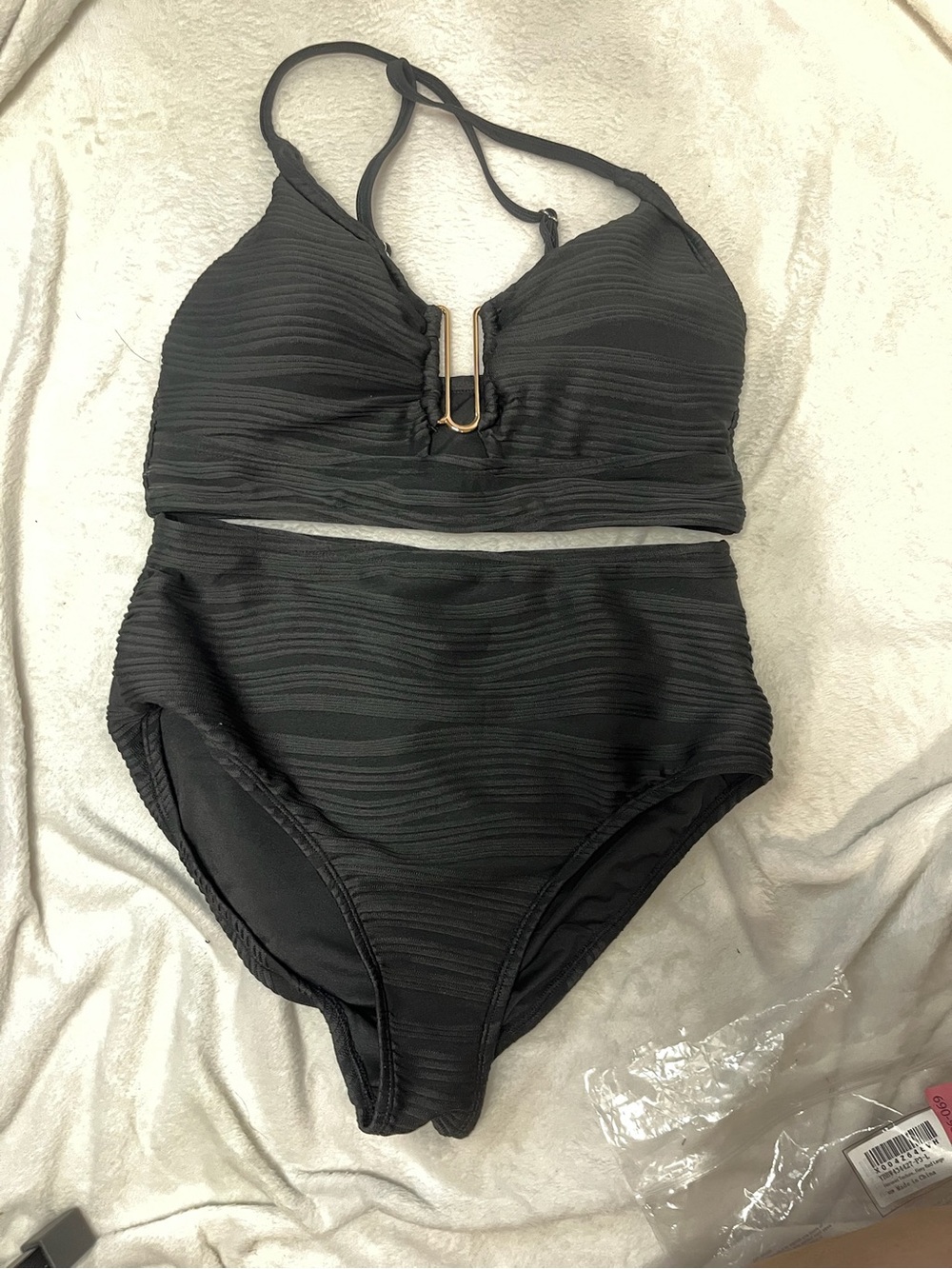 Black Textured High-Waist Bikini Set with Gold Accent NWOT